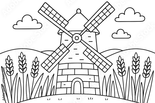 Windmill Coloring Page. Windmill field children?s coloring book illustration, outlined drawing, old-fashioned windmill surrounded by wheat fields, educational