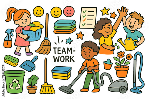 Teamwork Chores Icons. Teamwork chores. Colorful Hand-drawn doodle Children illustration Teamwork chores laundry basket, broom, dustpan, spray bottle, folded