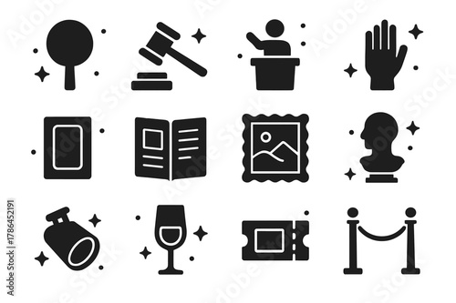 Art Auction Icons. Attending an art auction. Solid icons set of Attending an art auction: auction paddle, gavel, auctioneer podium, bidding hand, lot card,