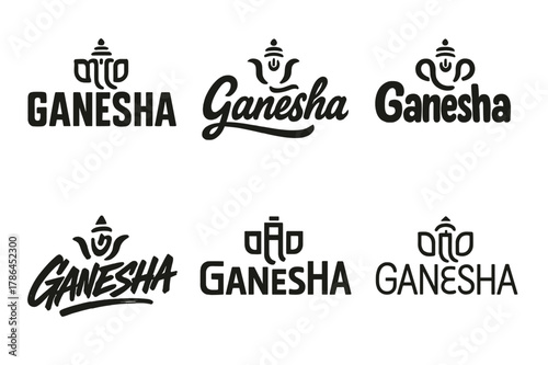 Ganesha Emblem Variations. Emblem of Ganesha. Set lettering. harmonious lettering variations of the same emblematic concept, each with different artistic
