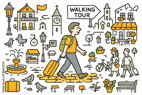 Colorful Walking Tour. Walking tour. Hand-drawn doodle illustration person walking (colored), cobblestone street (colored), historic buildings (colored),