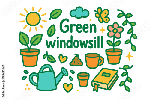 Green Windowsill Elements. Green windowsill. Hand-drawn doodle illustration of green windowsill. Plant, potted