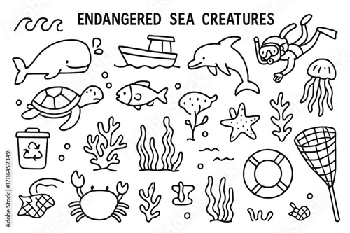 Endangered Ocean Doodles. Endangered Sea Creatures. Hand-drawn doodle illustration Endangered Sea Creatures turtle, dolphin, whale, fish, coral reef, starfish,