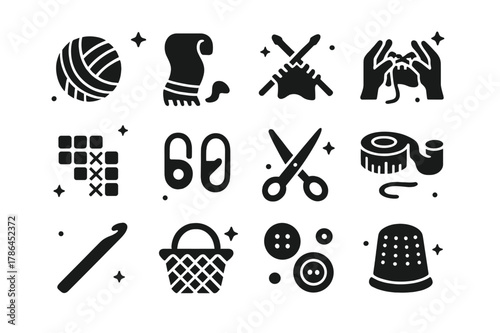 Handmade Knitting Icons. Handmade Knitting. Solid icons set of Handmade Knitting: yarn ball, scarf, knitting needles, hands, pattern chart, stitch markers,