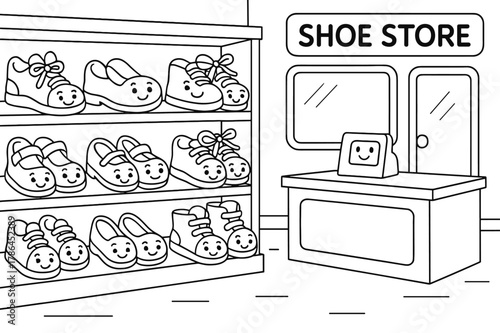Smiling Shoe Store. Shoe store children?s coloring book illustration, outlined drawing, cartoon shop with