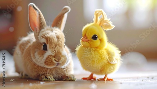 Wallpaper Mural Cuddly fluffy chick and tan bunny sitting side-by-side on the floor, bathed in bright sunny sunlight Torontodigital.ca