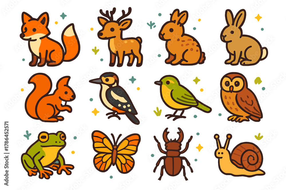 Naklejka premium Forest Wildlife Icons. Forest wildlife in May. Colorful isometric vector icons set of Forest wildlife in May: red fox, roe deer, hedgehog, hare, red squirrel,