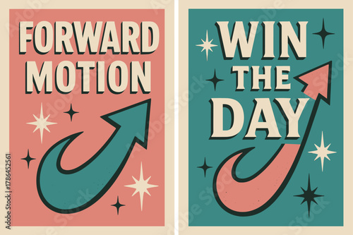 Retro Motivation Banners. Forward motion. Two vertical A6 banners with safe margins, centered composition, no elements touching edges, retro, pink and teal,