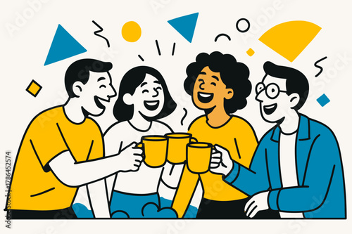 Joyful Coffee Gathering. Laughing in a Group. People outdoors clinking coffee cups and laughing with floating abstract geometric shapes, cheerful and social