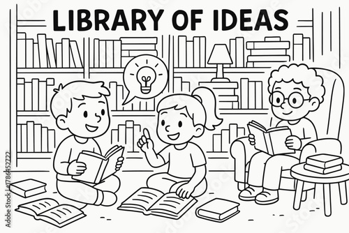 Children's Cozy Library. Library of ideas children?s coloring book illustration, outlined drawing, children