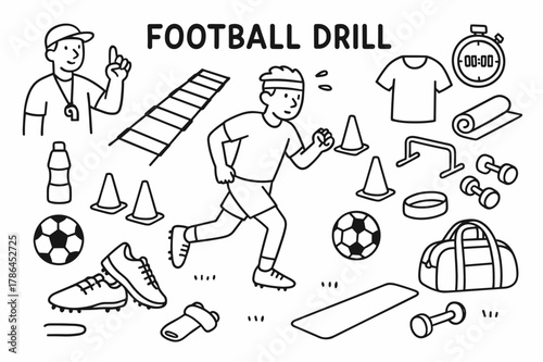 Football Training Essentials. Football Drill. Hand-drawn doodle illustration Football Drill player running, agility ladder, cones, soccer ball, sneakers,