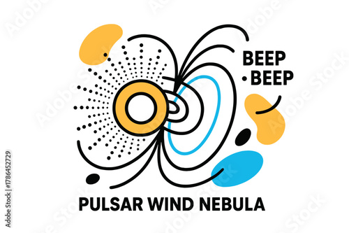 Pulsar Wind Nebula. Pulsar Wind Nebula. A central pulse ring ripples outward; ?Beep ? Beep? ticks like a heartbeat beside magnetic field lines. Charged