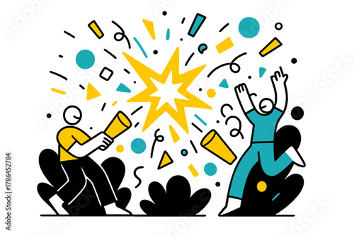 Confetti Geometric Celebration. Confetti Explosion. Confetti cannons shooting colorful pieces with floating abstract geometric shapes and soft glowing accents,