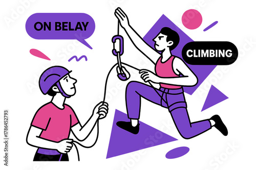 Dynamic Climbing Focus. Belay & Clip Under Pressure. Belayer feeds rope, device hums; above, a climber reaches past a quickdraw with laser focus. ?On belay /