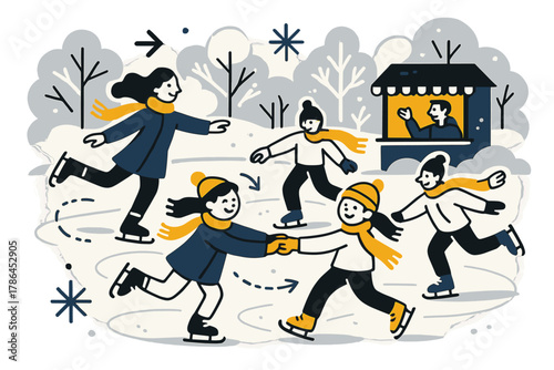 Winter Wonderland Skaters. Ice skating in the park. Joyful people gliding on a frozen pond surrounded by snowy