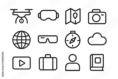 Digital Sightseeing Icons. Digital sightseeing adventure. Line outline icon set of digital sightseeing