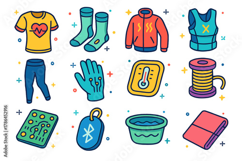 Smart Clothing Icons. Smart clothing. Colorful isometric vector icons set of Smart clothing: biometric T-shirt, sensor socks, heated jacket, posture correction