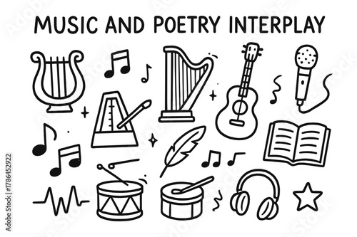 Music and Poetry Fusion. Music and poetry interplay. Hand-drawn doodle illustration Music and poetry interplay lyre, harp, guitar, microphone, musical note,