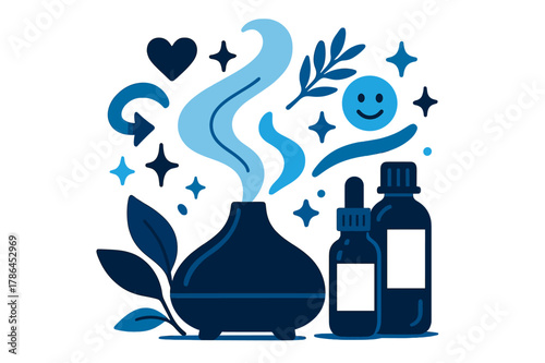 Aromatic Serenity Icons. Aromatherapy oils. Diffuser releasing aromatic steam with abstract floating icons, leaves, and sparkles; conveys calm, relaxation, and