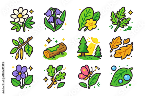 Isometric Forest Blossoms. Forest edge blossoms. Colorful isometric vector icons set of Forest edge blossoms: wood anemone, bluebell cluster, primrose leaf,