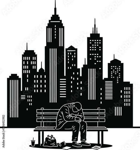 Homeless person sleeping on bench, urban skyline silhouette