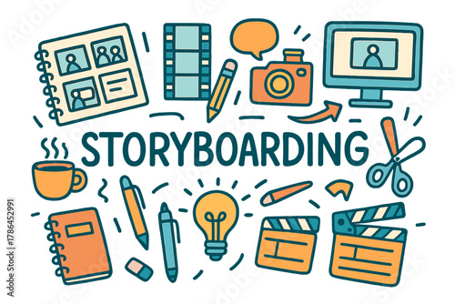 Creative Storyboarding Essentials. Storyboarding. Hand-drawn doodle illustration of Storyboarding. Sketch pad,