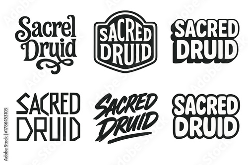 Sacred Druid Typography. Sacred Druid. Set lettering. harmonious lettering variations of the same emblematic concept (Whimsical curly type with flourishes,