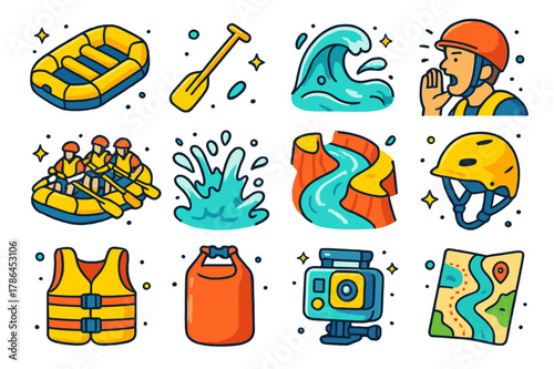 River Rafting Icons. River rafting adventures. Colorful isometric vector icons set of River rafting adventures: inflatable raft, T-grip paddle, whitewater