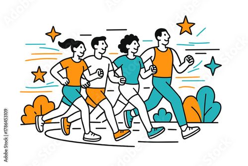 Energetic Park Run. Group fitness. A team of runners jogging in sync along a scenic park path, floating stars