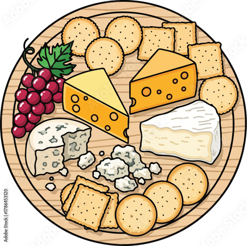Delicious Cheese and Cracker Platter Illustration with Grapes for Appetizers and Wine Pairing