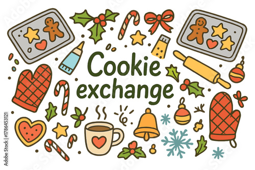 Festive Cookie Exchange. Cookie exchange. Hand-drawn doodle illustration of Cookie exchange. Cookie trays,