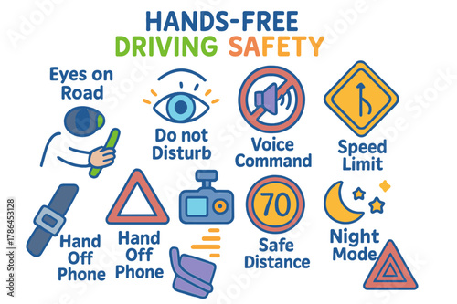 Hands-Free Driving Icons. Hands-free driving safety. Colorful Hand-drawn doodle Children illustration Hands-free driving safety eyes on road icon, do not