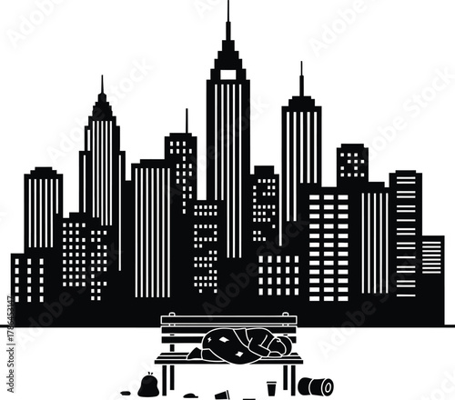 Homeless person sleeping on bench, urban skyline silhouette