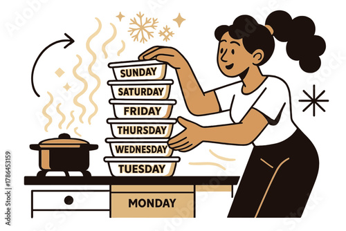 Frozen Meal Prep. Frozen meals ready. A kitchen counter with neatly packed frozen dishes labeled ?Monday,?