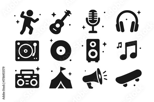 Festival Vibe Icons. Festival Vibes. Solid icons set of Festival Vibes: dancing figure, guitar, microphone, headphones, DJ turntable, vinyl record, speaker,