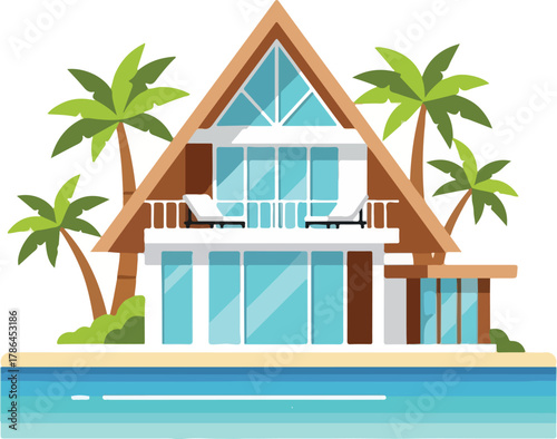 Luxury A Frame Beachfront Villa with Palm Trees and Balcony