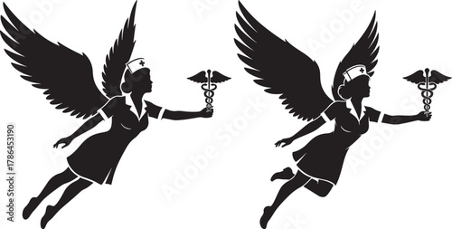 Two angelic nurses with caduceus symbols in silhouette