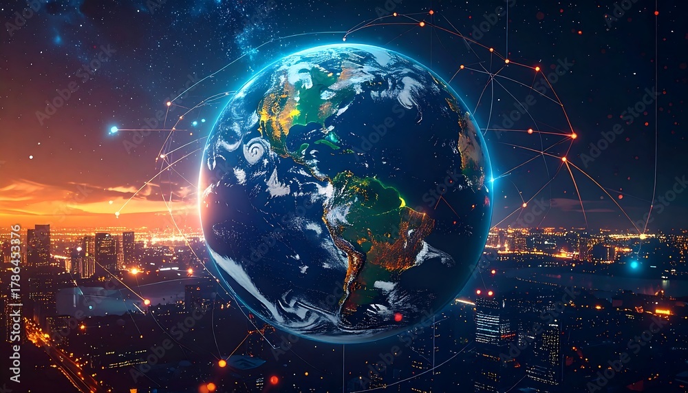 Obraz premium Earth, networks, and cityscape blend with golden sunset hues, creating a futuristic, interconnected world view
