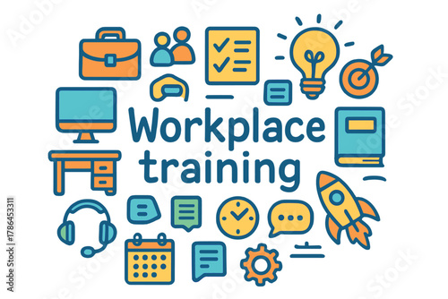 Workplace Training Doodle. Workplace training. Hand-drawn doodle illustration of workplace training. Desk,