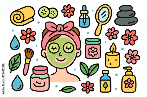 Colorful Spa Doodle. beauty spa. Colorful Hand-drawn doodle Children illustration beauty spa face mask, cucumber slices, headband, towel, cream jar, brush,