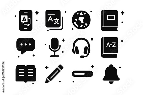 Digital Language Icons. Digital Language Learning. Solid icons set of Digital Language Learning: smartphone, app interface, globe, book, chat bubble,