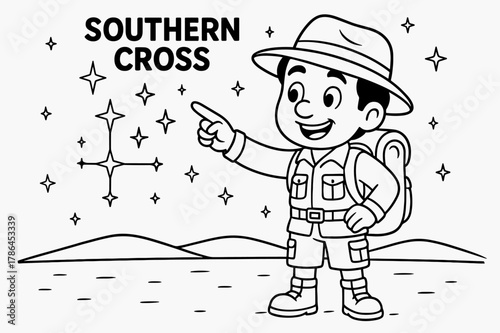Explorer Points to Stars. Using the Southern Cross children?s coloring book illustration, outlined drawing, a friendly explorer pointing to the Southern Cross