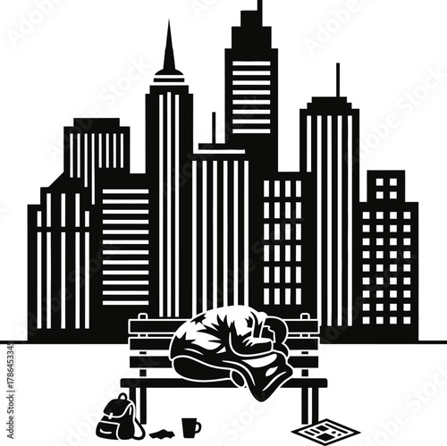Homeless person sleeping on bench, urban skyline silhouette