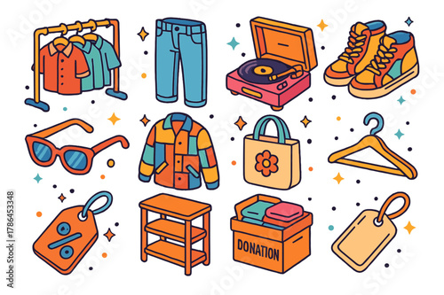 Thrift Store Icons. Thrift store finds. Colorful isometric vector icons set of Thrift store finds: vintage shirt rack, used jeans, record player, old sneakers,