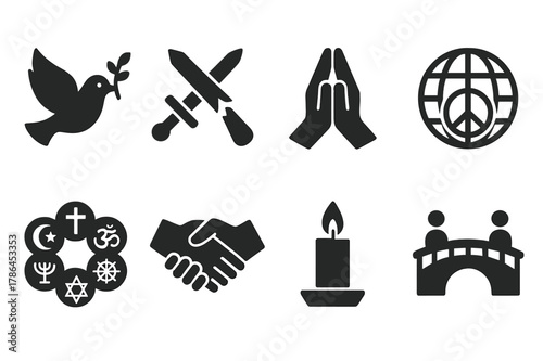 Symbols of Peace. Religion and its role in conflict and peacebuilding. Filled icon set of religion and its