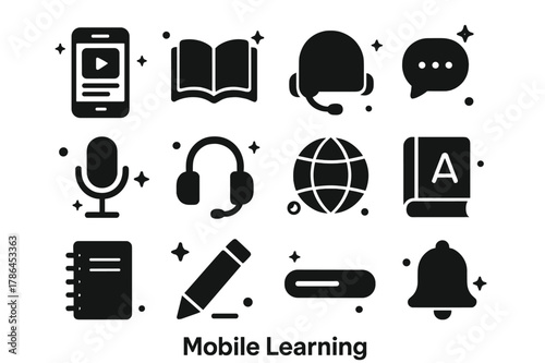 Mobile Learning Icons. Mobile Learning. Solid icons set of Mobile Learning: app interface, smartphone, book, chat bubble, microphone, headset, globe,