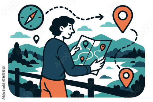 Exploring Scenic Overlook. Map navigation. Person checking a trail map while standing on scenic overlook;