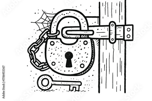 Rusty Padlock Doodle. Rusty Padlock. Hand-drawn doodle illustration Rusty Padlock old padlock, rust texture, key, chain, metal door, latch, hinges, scratches,