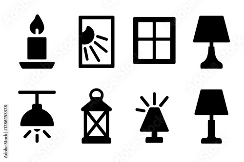 Candlelight & Natural Lighting Icons. Candlelight and natural lighting in home decor. Filled icon set of