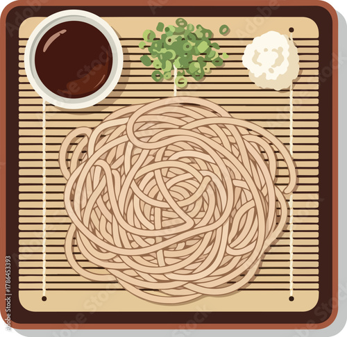 Japanese Zaru Soba Noodles on Bamboo Tray with Dipping Sauce and Garnishes Top View Illustration